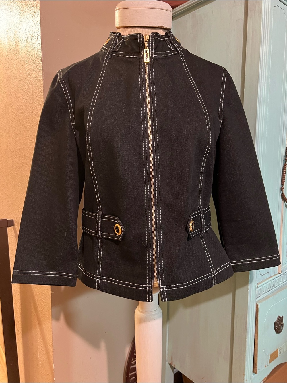 St. John Sport Jacket Small Black Dressy Denim Moto Gold Front Zip Built In Belt
